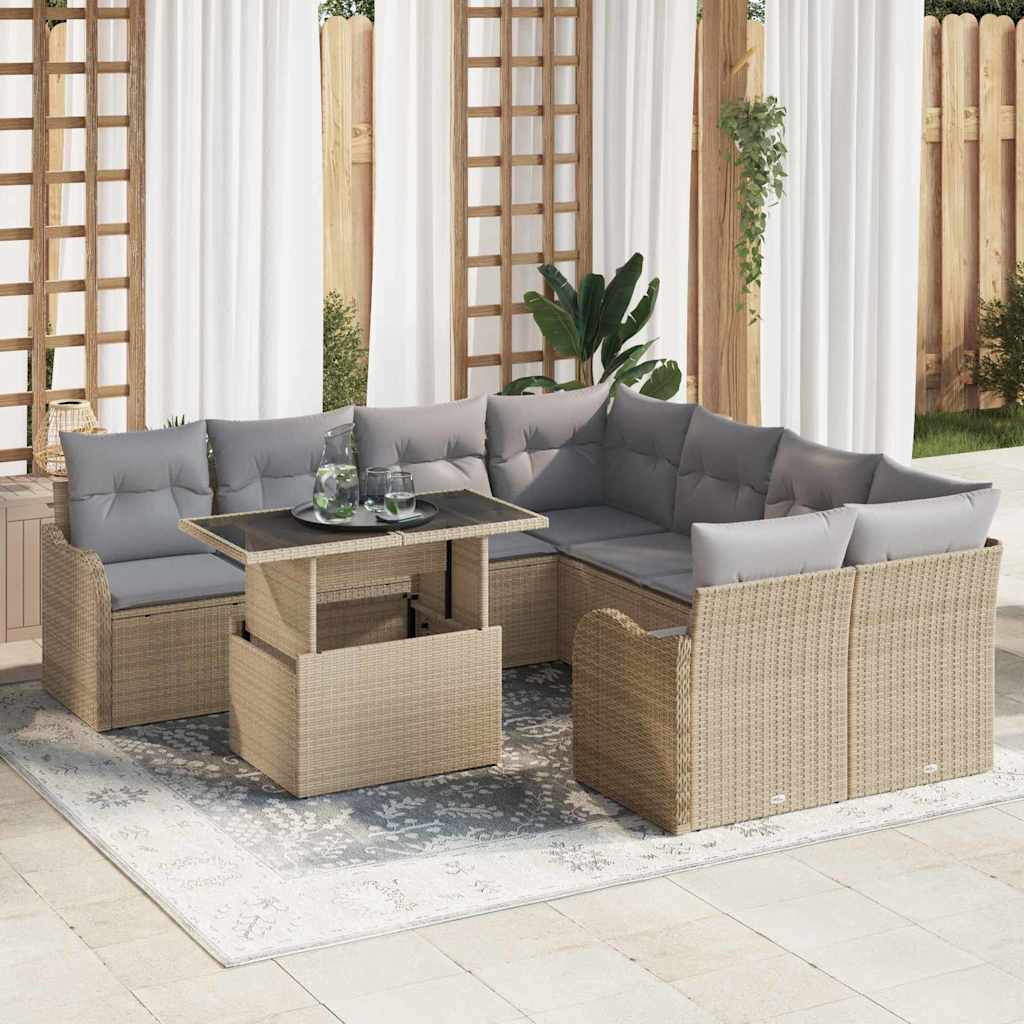 Havesofa Sæt med pude med pude 9 pcs Beige Poly Rattan