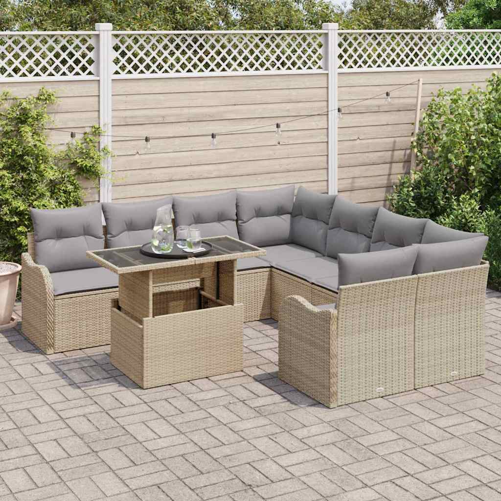 Havesofa Sæt med pude med pude 9 pcs Beige Poly Rattan