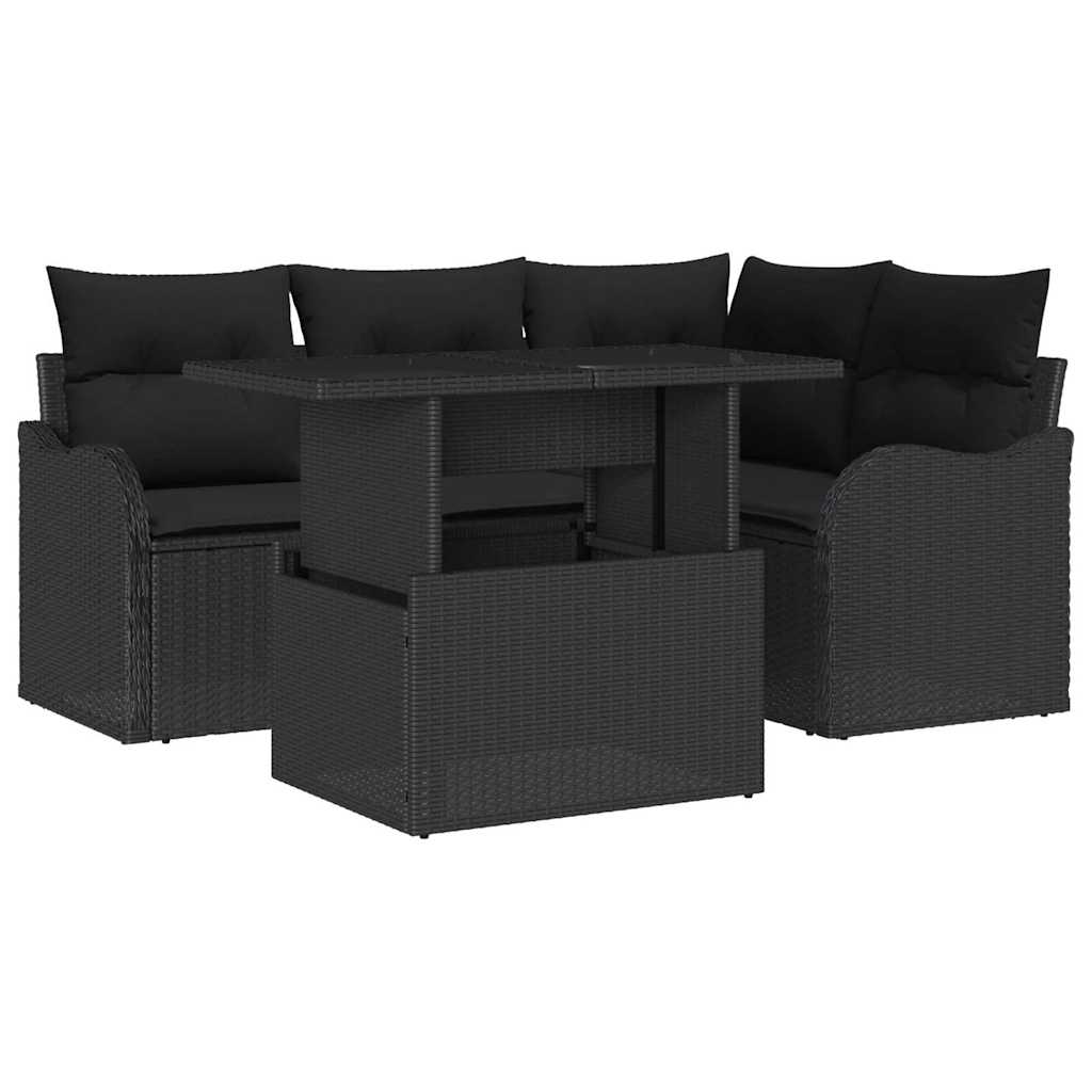 Havesofa Sæt med pude med pude 5 pcs Sort Poly Rattan
