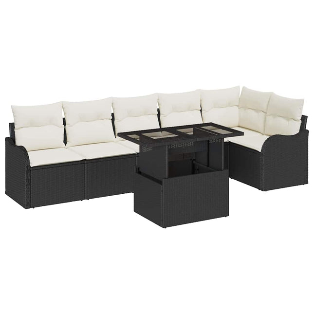 Havesofa Sæt med pude med pude 7 pcs Sort Poly Rattan