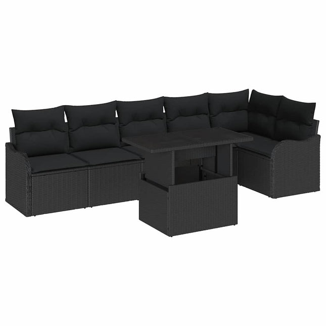 Havesofa Sæt med pude med pude 7 pcs Sort Poly Rattan