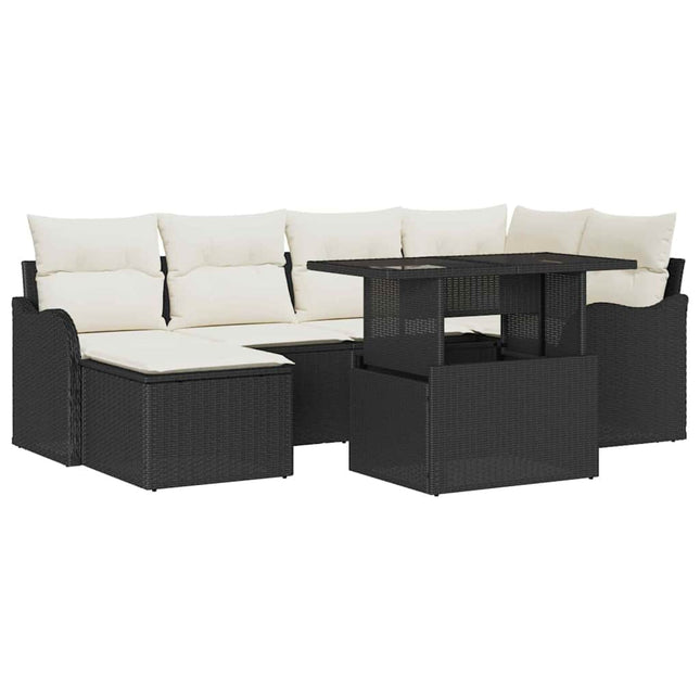 Havesofa Sæt med pude med opbevaring 7 pcs Sort Poly rattan
