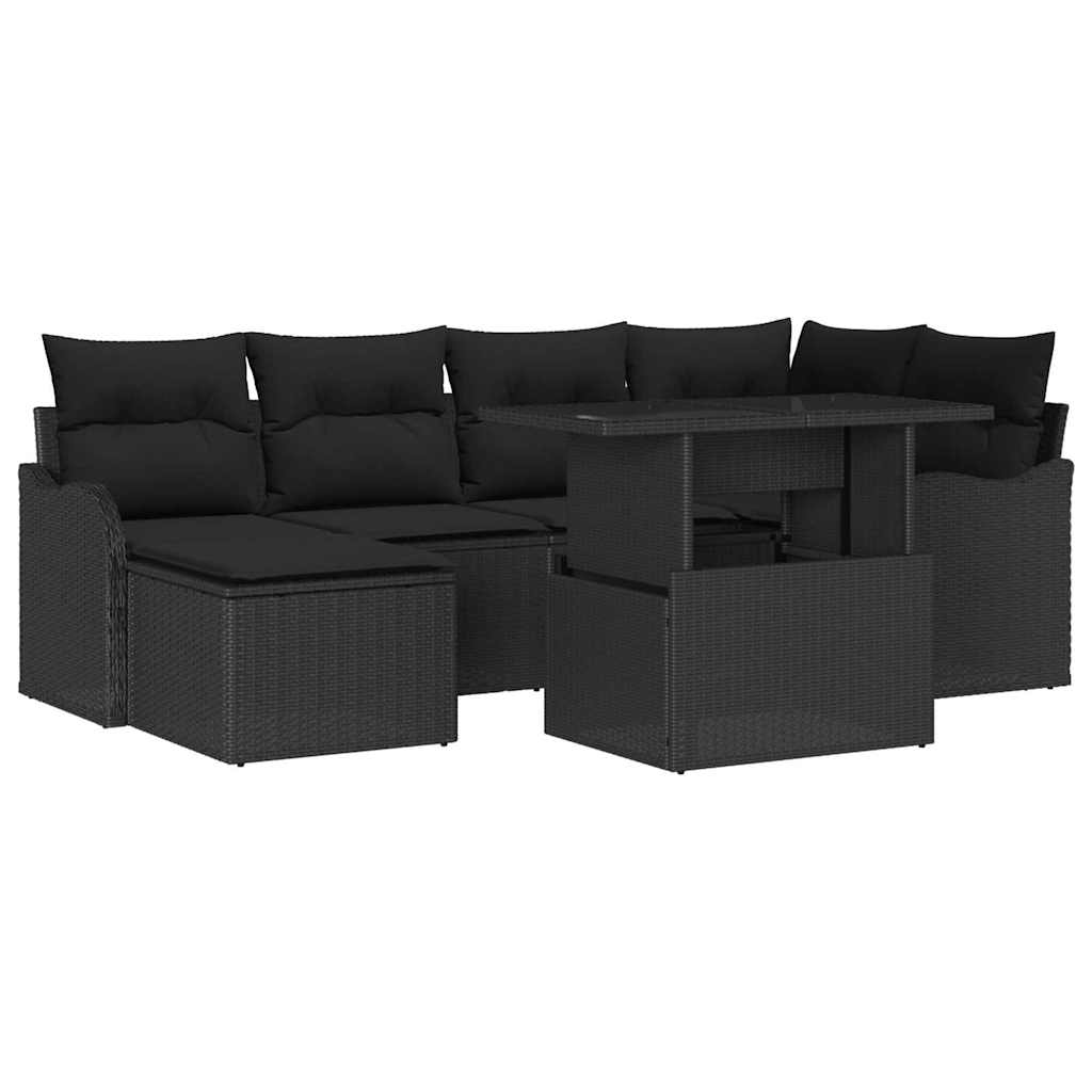 Havesofa Sæt med pude med opbevaring 7 pcs Sort Poly rattan
