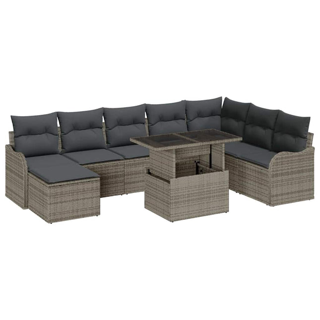 Havesofa Sæt med pude med opbevaring 9 pcs Grå Poly rattan