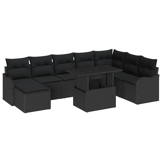 Havesofa Sæt med pude med opbevaring 9 pcs Sort Poly rattan