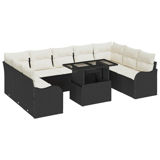 Havesofa Sæt med pude med pude 10 pcs Sort Poly Rattan