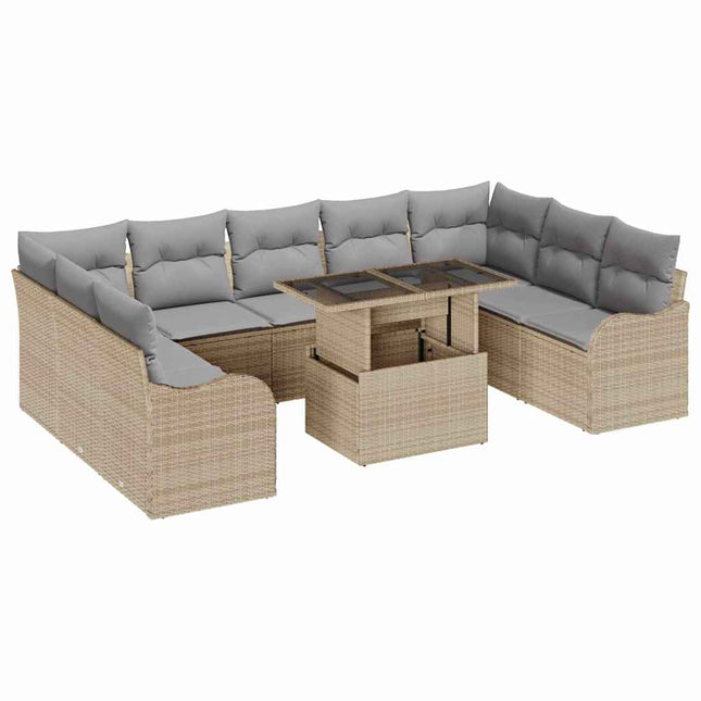 Havesofa Sæt med pude med pude 10 pcs Beige Poly Rattan