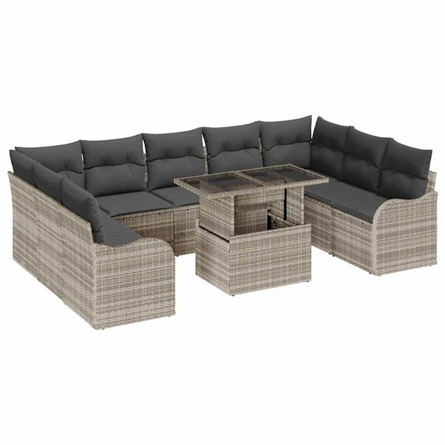 Havesofa Sæt med pude med pude 10 pcs Lysegrå Poly Rattan