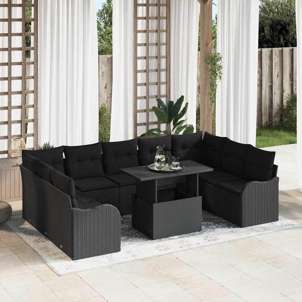 Havesofa Sæt med pude 10 pcs Sort 100 x 55 x 73 cm Poly rattan