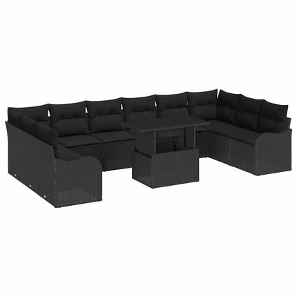 Havesofa Sæt 11 stk. 10-Antal sæder Sort Poly Rattan
