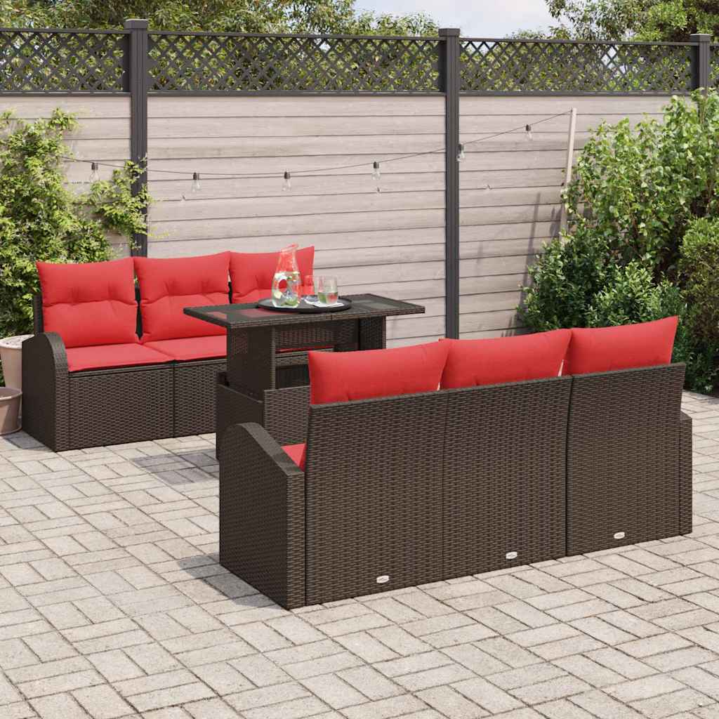 Havesofa Sæt med pude med opbevaring 7 pcs Brun Poly Rattan