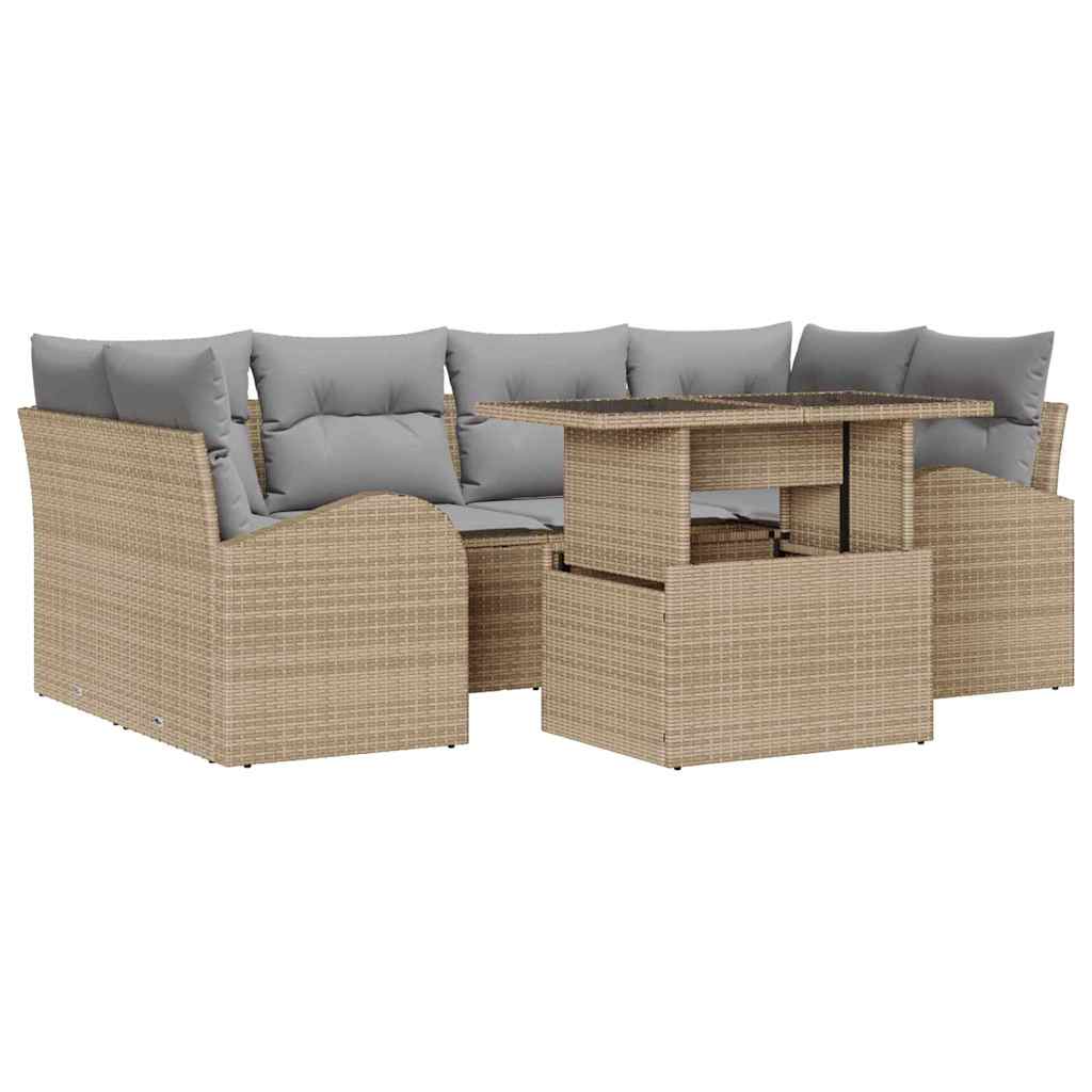 Havesofa Sæt med pude med opbevaring 7 pcs Beige Poly Rattan