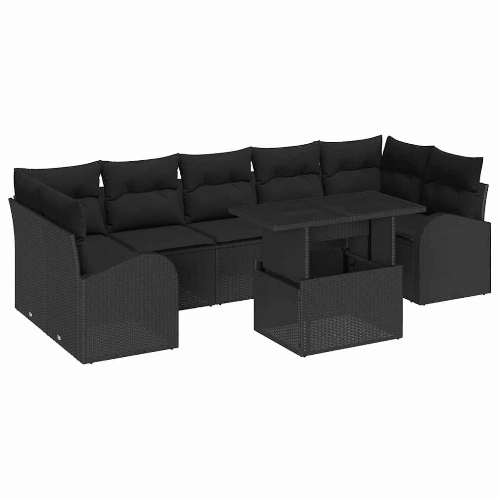 Havesofa Sæt med pude med opbevaring 8 pcs Sort Poly Rattan