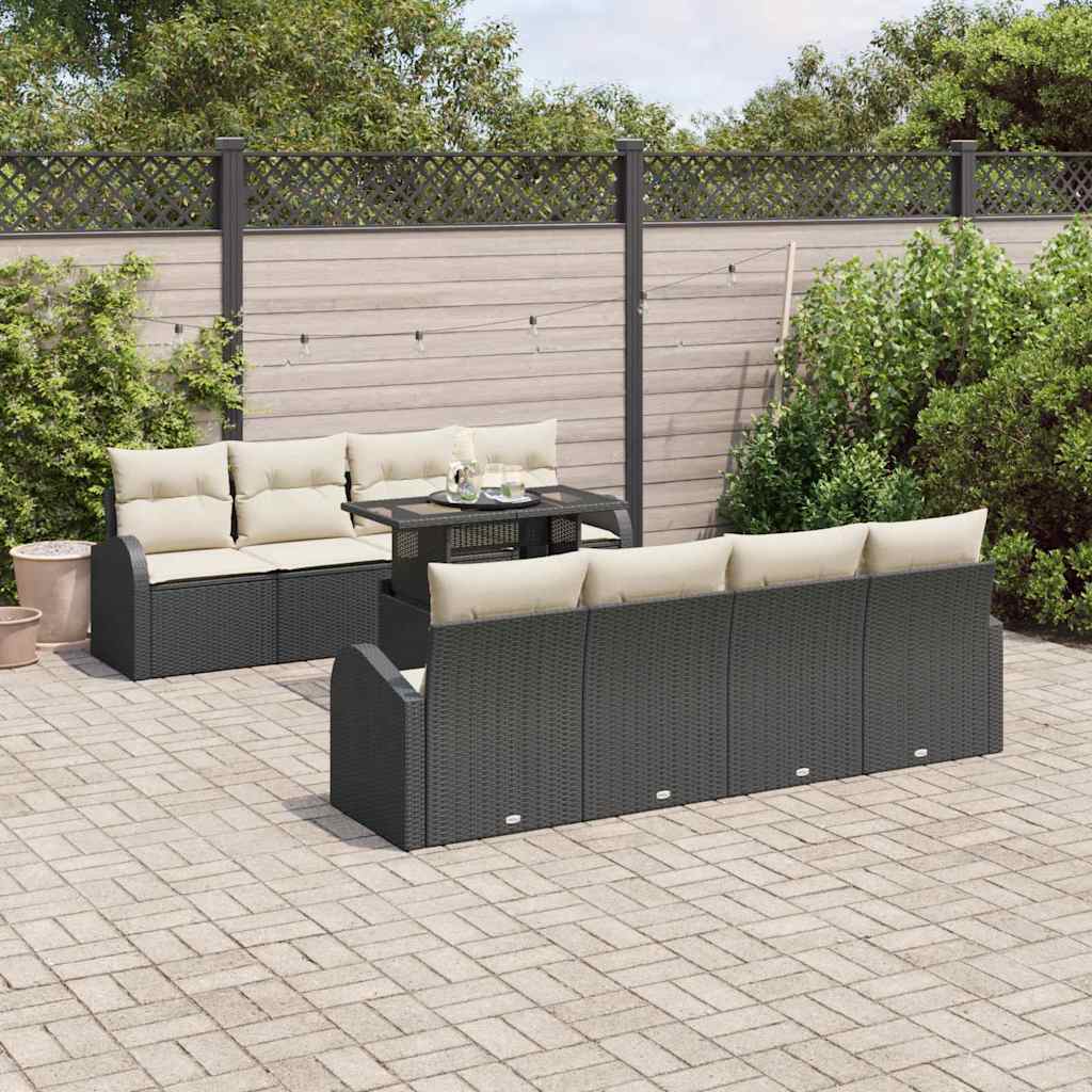 Havesofa Sæt med pude med opbevaring 9 pcs Sort Poly Rattan