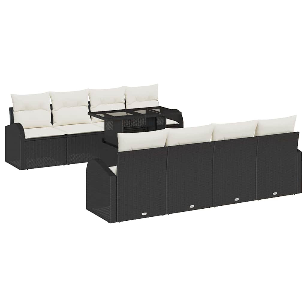 Havesofa Sæt med pude med opbevaring 9 pcs Sort Poly Rattan