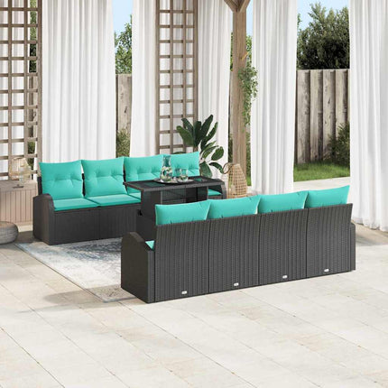Havesofa Sæt med pude med opbevaring 9 pcs Sort Poly Rattan