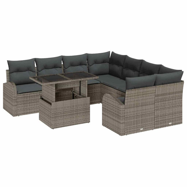 Havesofa Sæt med pude med opbevaring 9 pcs Grå Poly Rattan