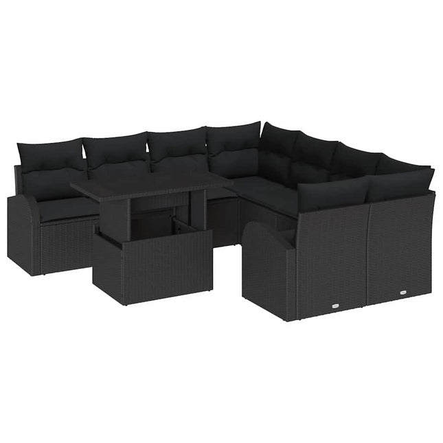 Havesofa Sæt med pude med opbevaring 9 pcs Sort Poly Rattan