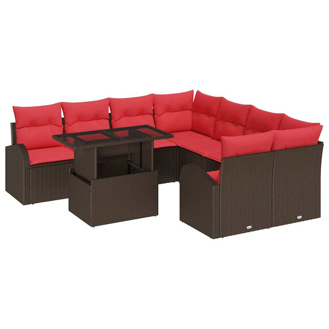 Havesofa Sæt med pude med opbevaring 9 pcs Brun Poly Rattan