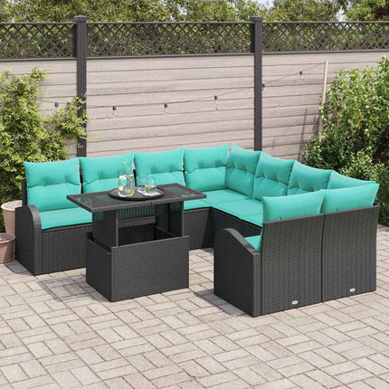 Havesofa Sæt med pude med opbevaring 9 pcs Sort Poly Rattan