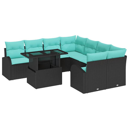 Havesofa Sæt med pude med opbevaring 9 pcs Sort Poly Rattan