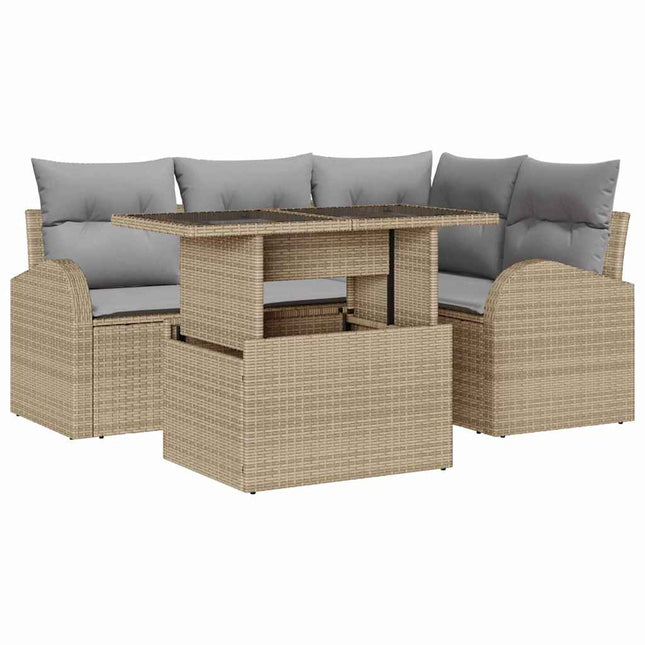 Havesofa Sæt med pude med opbevaring 5 pcs Beige Poly rattan