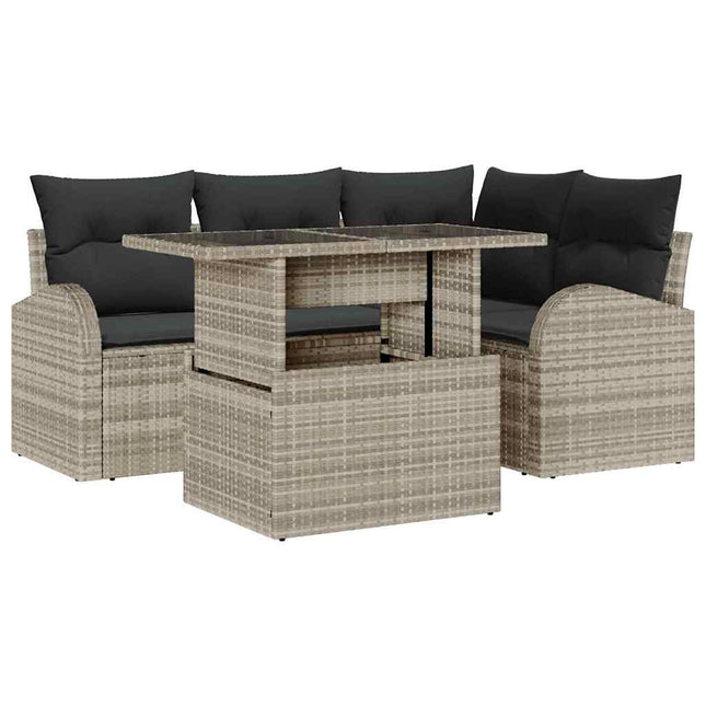 Havesofa Sæt med pude med opbevaring 5 pcs Lysegrå Poly rattan