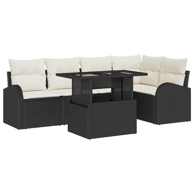 Havesofa Sæt med pude med opbevaring 6 pcs Sort Poly rattan