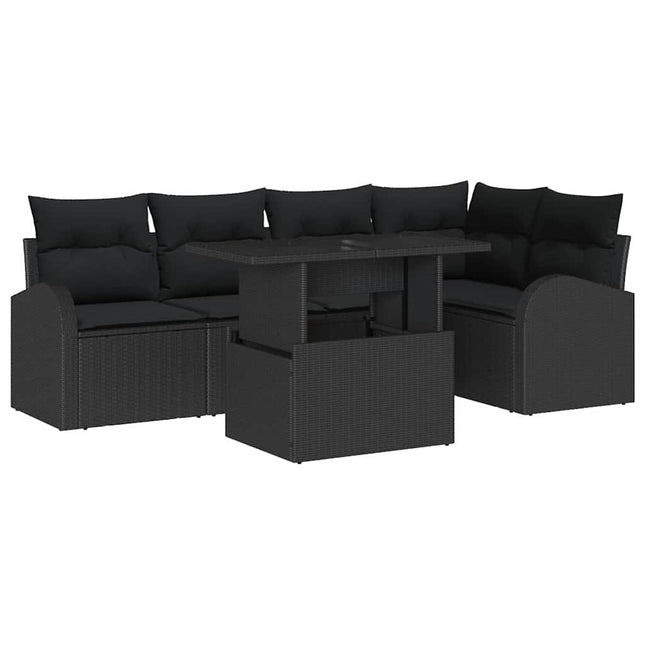 Havesofa Sæt med pude med opbevaring 6 pcs Sort Poly rattan