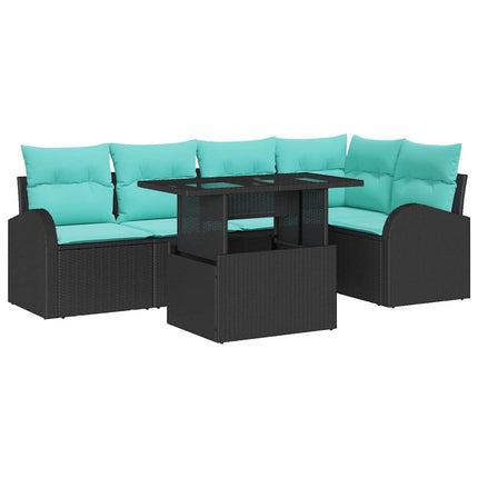 Havesofa Sæt med pude med opbevaring 6 pcs Sort Poly rattan