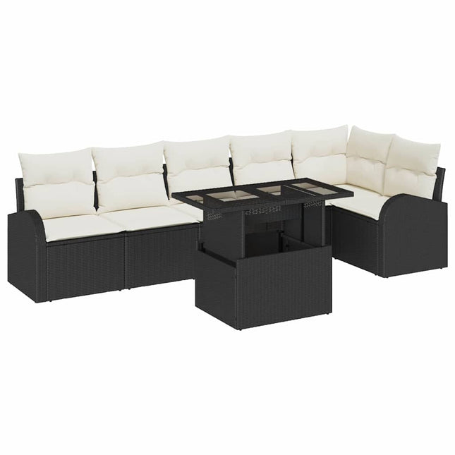 Havesofa Sæt med pude med opbevaring 7 pcs Sort Poly rattan