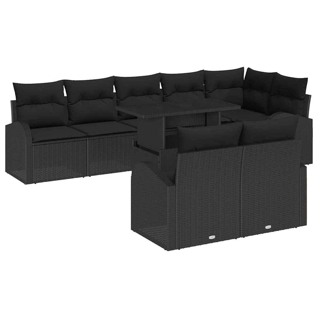 Havesofa Sæt med pude med opbevaring 9 pcs Sort Poly rattan