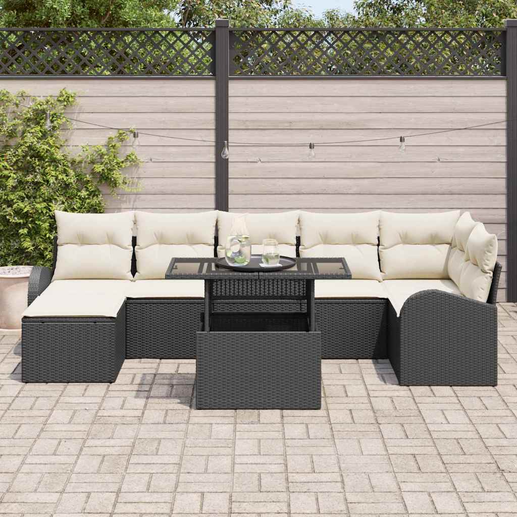 Havesofa Sæt med pude med opbevaring 8 pcs Sort Poly rattan