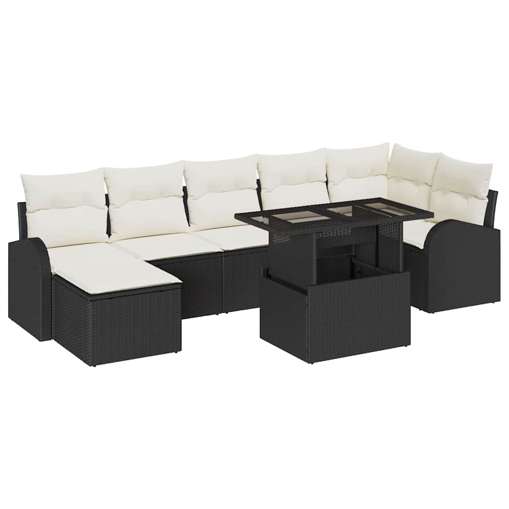 Havesofa Sæt med pude med opbevaring 8 pcs Sort Poly rattan