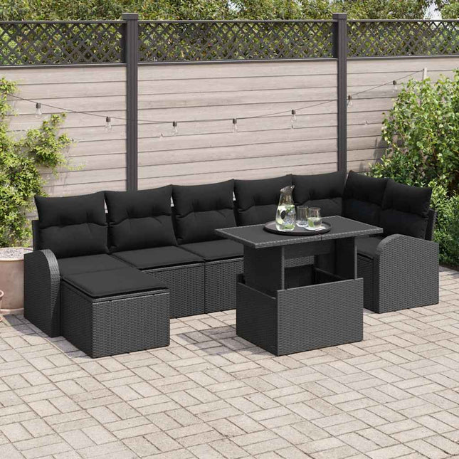 Havesofa Sæt med pude med opbevaring 8 pcs Sort Poly rattan