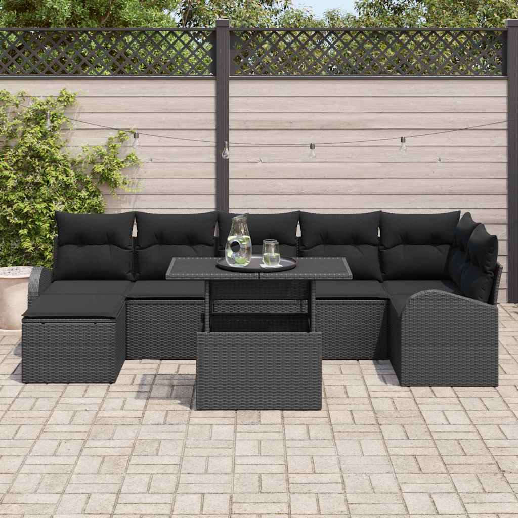 Havesofa Sæt med pude med opbevaring 8 pcs Sort Poly rattan