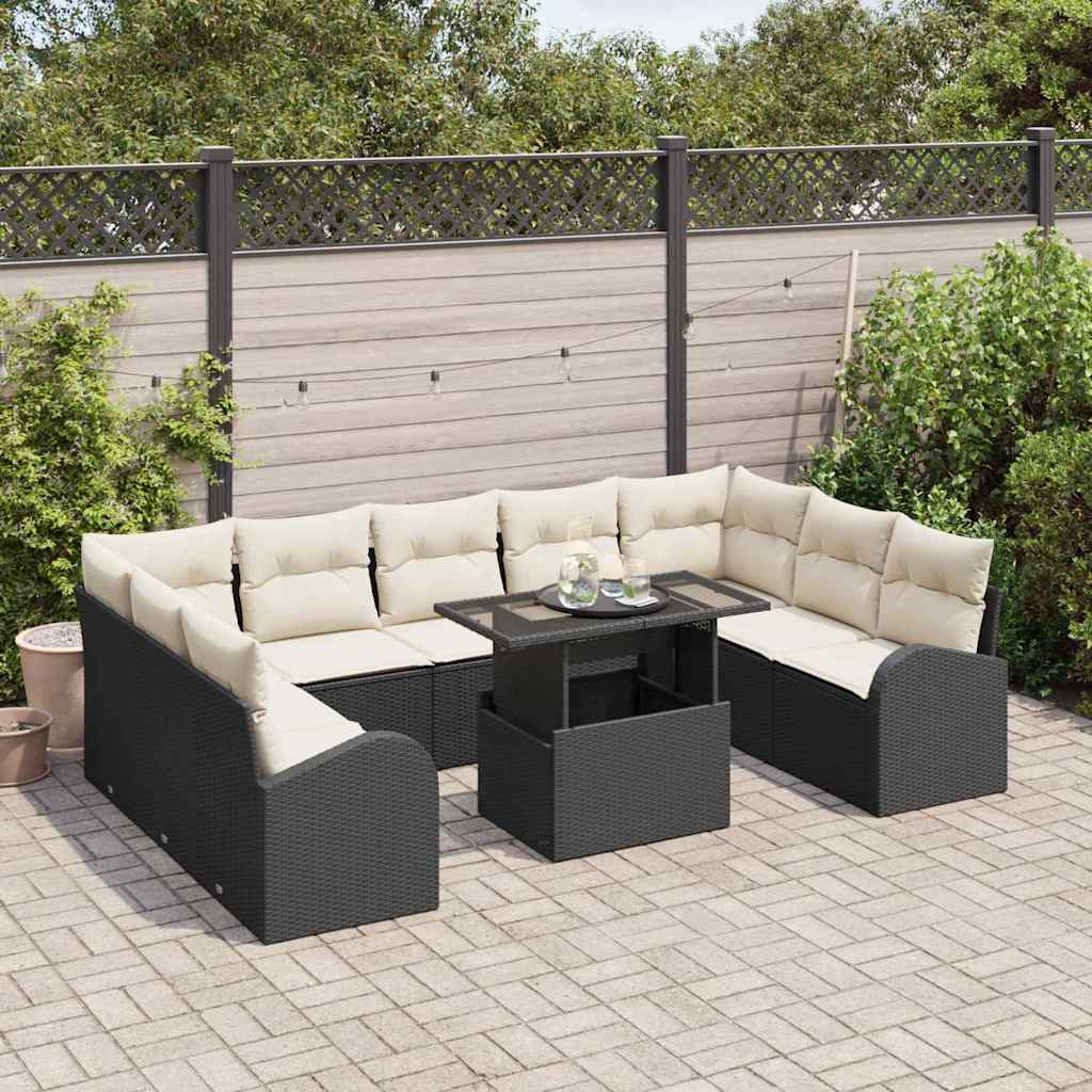 Havesofa Sæt med pude med opbevaring 10 pcs Sort Poly rattan