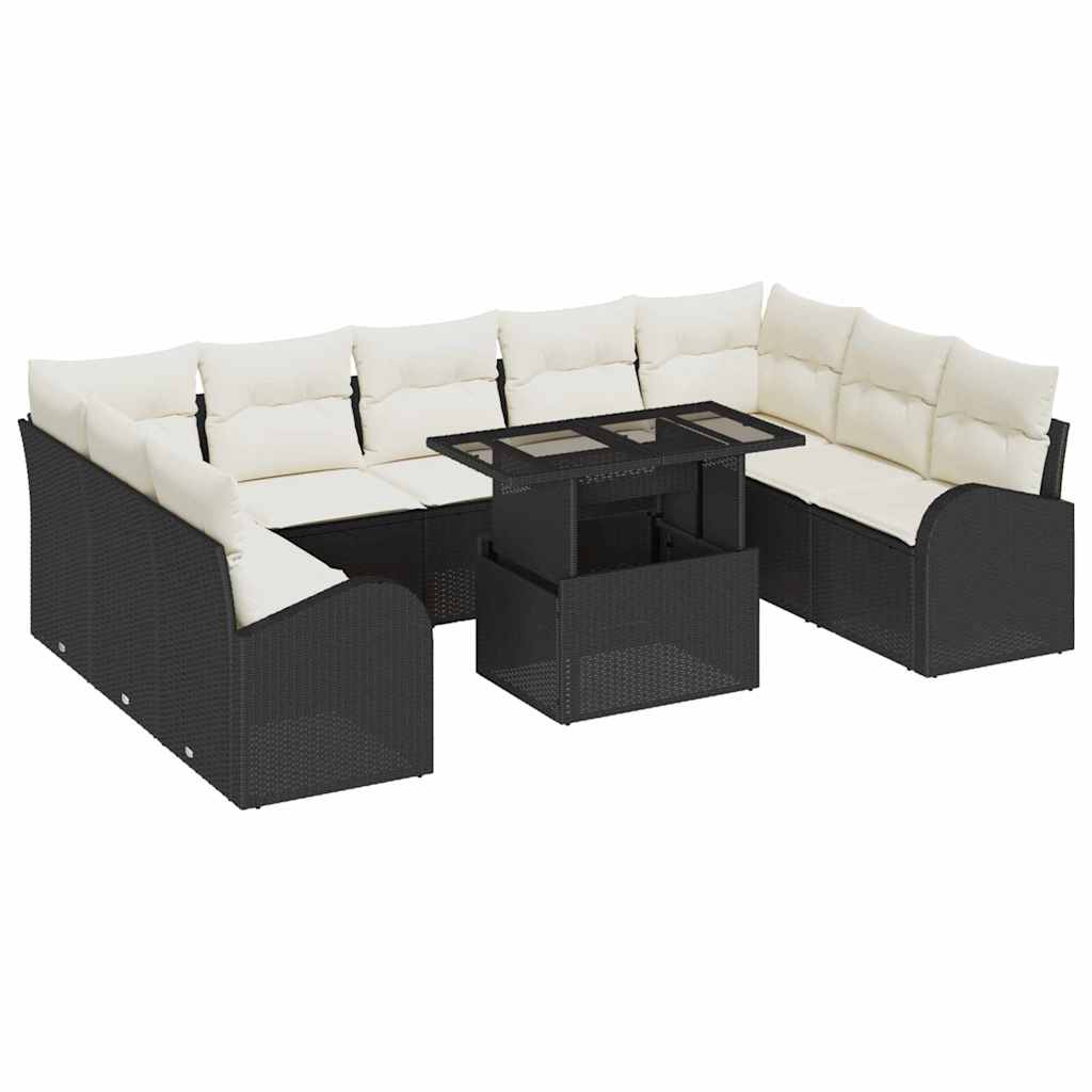 Havesofa Sæt med pude med opbevaring 10 pcs Sort Poly rattan