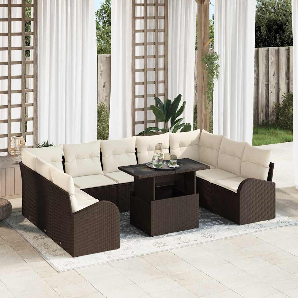 Havesofa Sæt med pude med opbevaring 10 pcs Brun Poly rattan