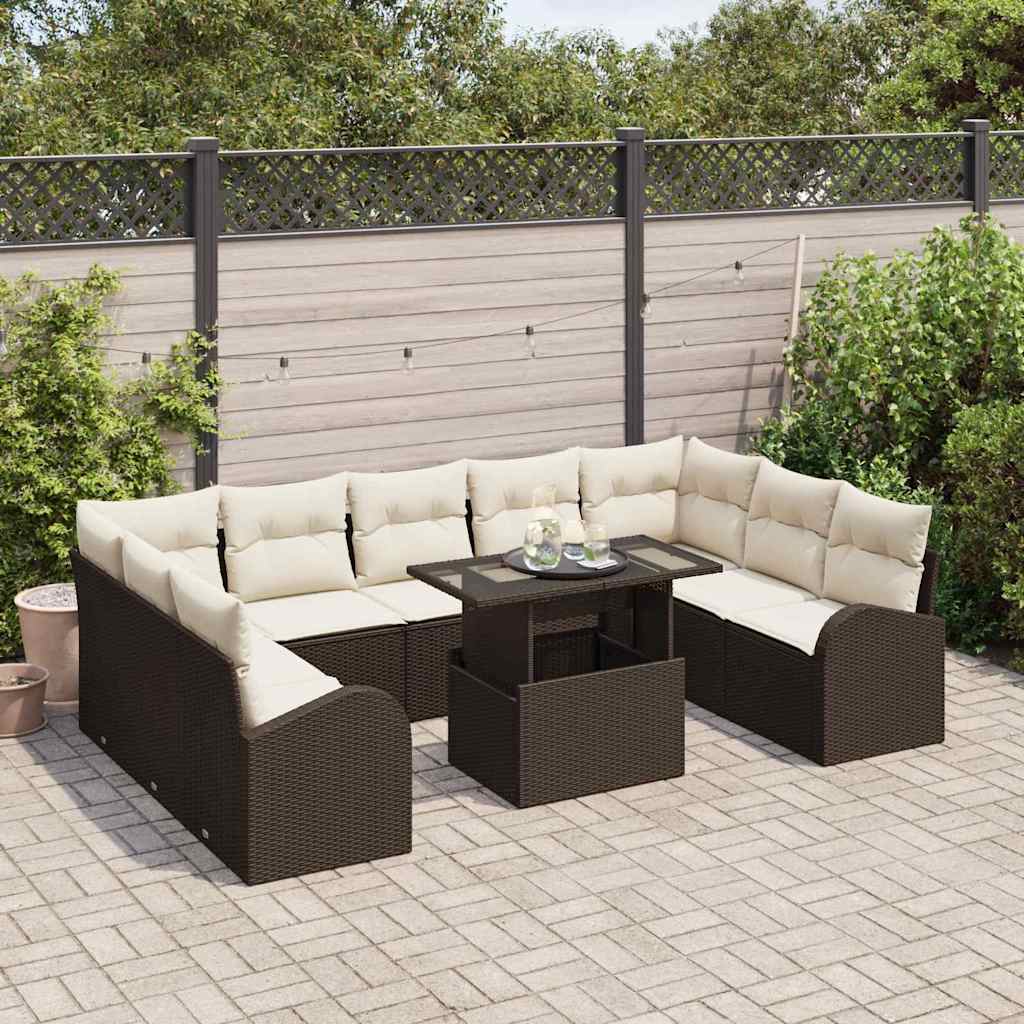 Havesofa Sæt med pude med opbevaring 10 pcs Brun Poly rattan