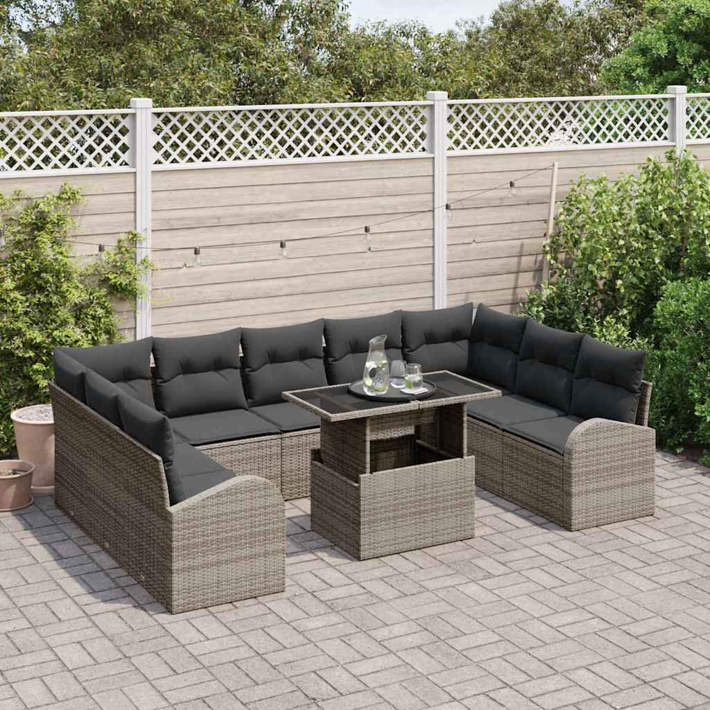 Havesofa Sæt med pude med opbevaring 10 pcs Grå Poly rattan