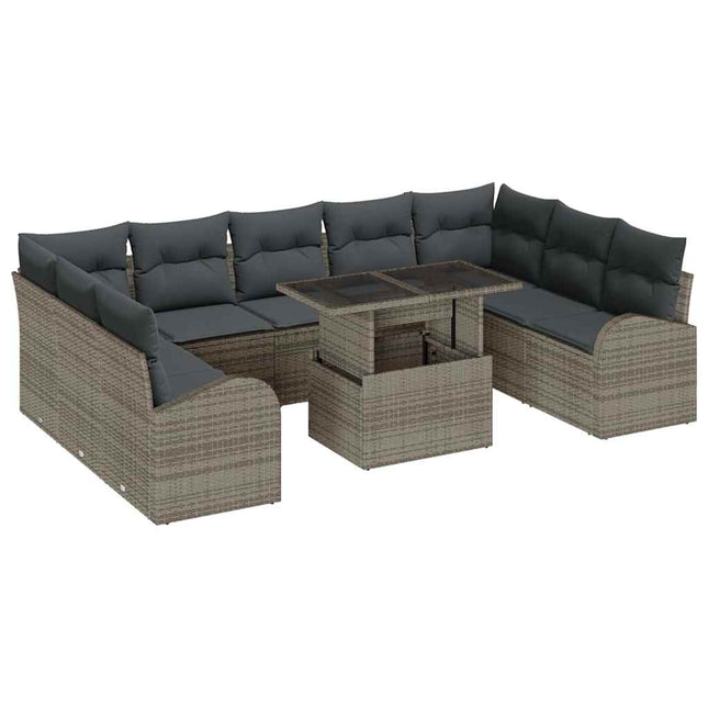 Havesofa Sæt med pude med opbevaring 10 pcs Grå Poly rattan