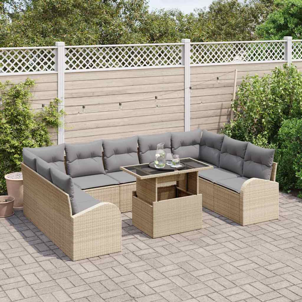 Havesofa Sæt med pude med opbevaring 10 pcs Beige Poly rattan