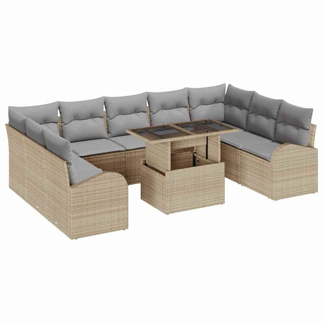 Havesofa Sæt med pude med opbevaring 10 pcs Beige Poly rattan