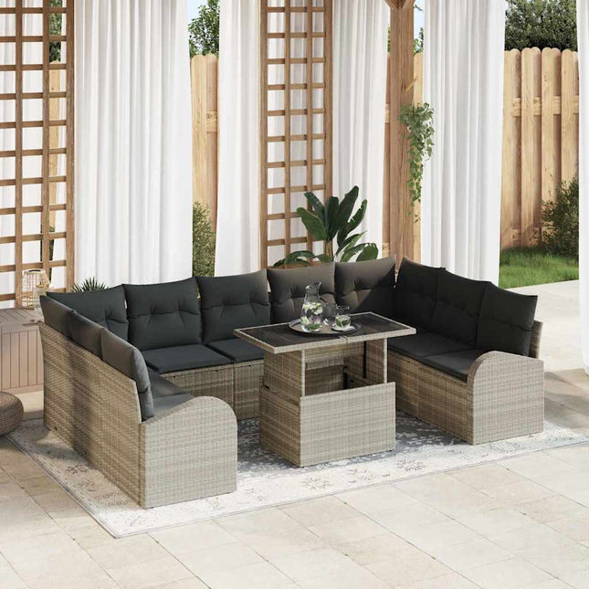 Havesofa Sæt med pude med opbevaring 10 pcs Lysegrå Poly rattan