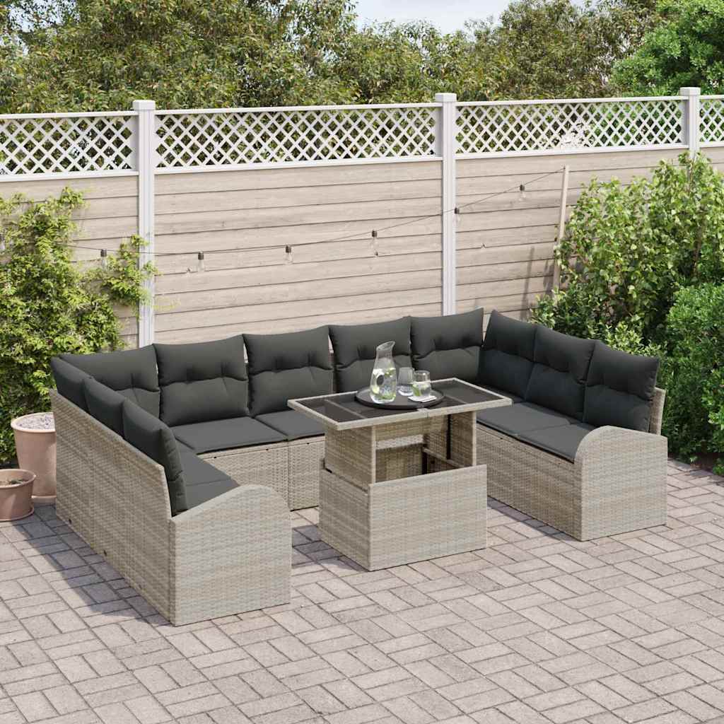Havesofa Sæt med pude med opbevaring 10 pcs Lysegrå Poly rattan