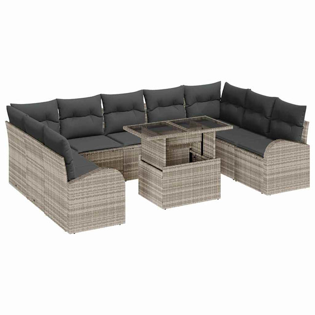 Havesofa Sæt med pude med opbevaring 10 pcs Lysegrå Poly rattan