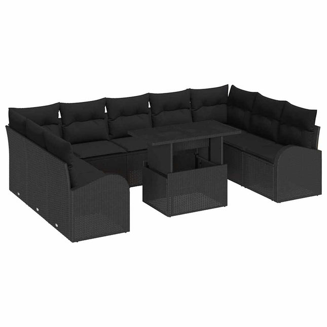 Havesofa Sæt med pude med opbevaring 10 pcs Sort Poly rattan