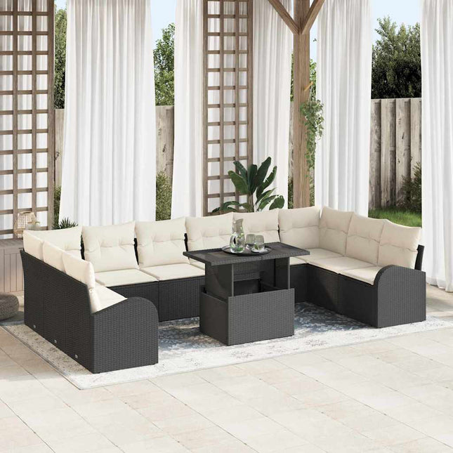 Havesofa Sæt med pude med opbevaring 11 pcs Sort Poly rattan