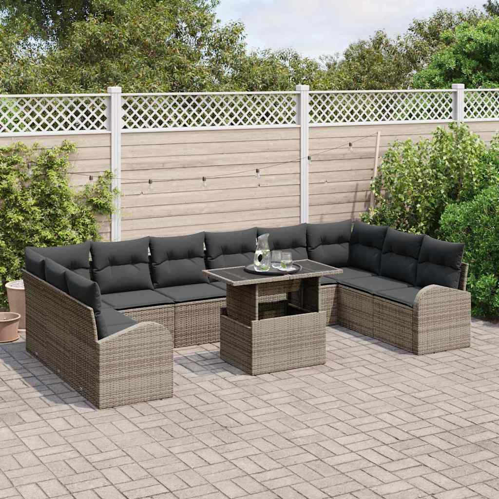 Havesofa Sæt med pude med opbevaring 11 pcs Grå Poly rattan